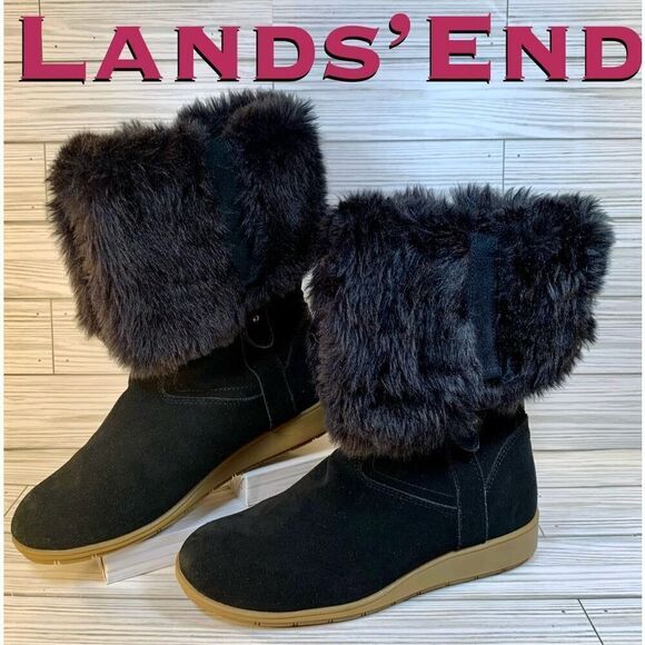 Lands End Mendota Tall Boots Black Suede W/ Faux Fur S:6.5 - Picture 1 of 8